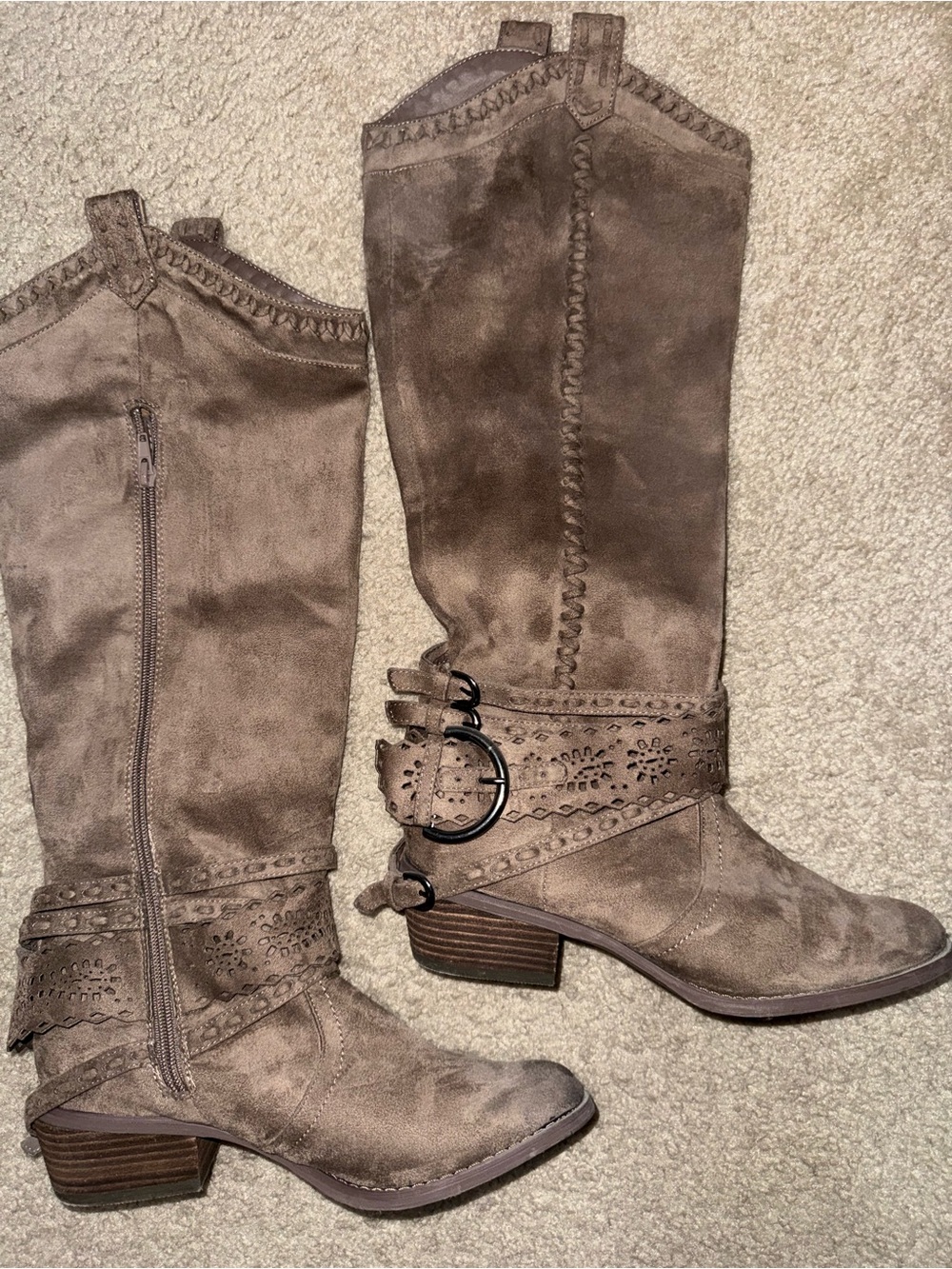 Buckle Taupe Suede Over-the-Knee Boots with Buckle Strap